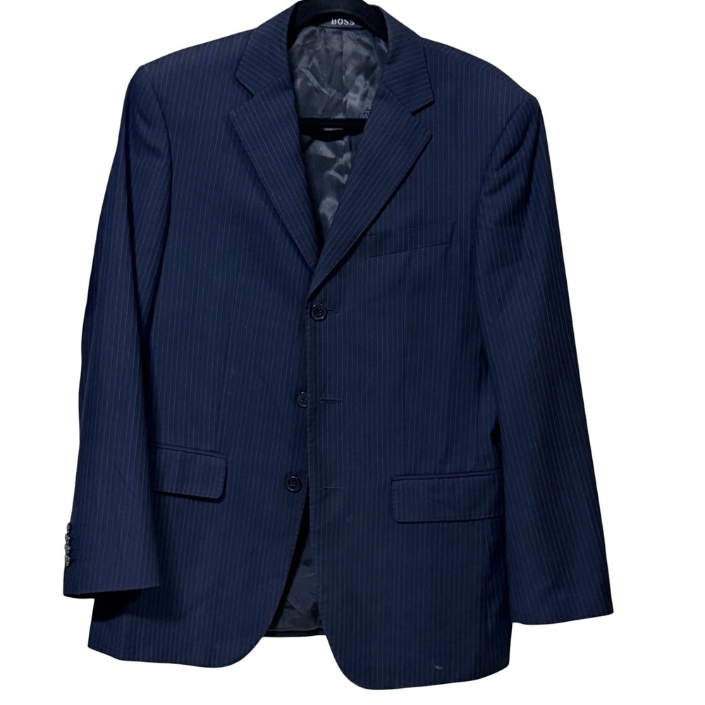 Hugo Boss Mens Navy Blue Pinstripe‎ Pure New Wool 3-Button Blazer Jacket Italy